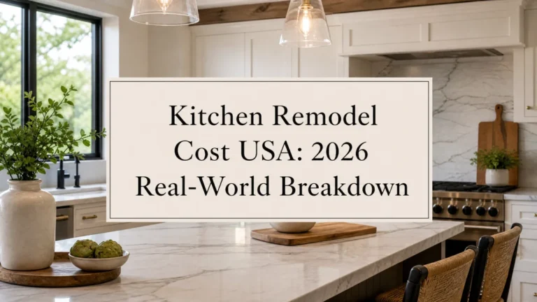 Modern white kitchen with marble island and text overlay reading Kitchen Remodel Cost USA 2026 Real World Breakdown